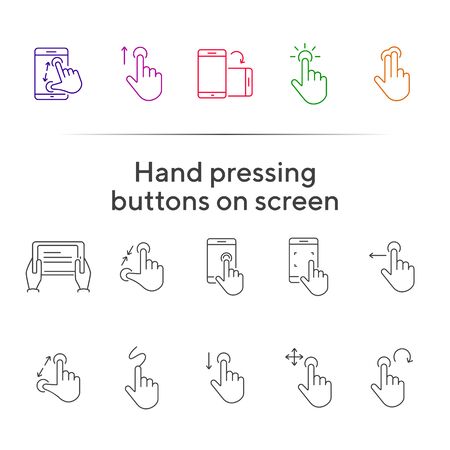 Hand pressing buttons on screen icons. Set of line icons. Hand holding mobile, hands with tablet. Touchscreen concept. Vector illustration can be used for topics like modern technologies, internetのイラスト素材