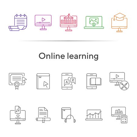Online learning line icon set. Course, lection, educational video. Tutorial concept. Can be used for topics like lesson, educational technology, school subjectのイラスト素材