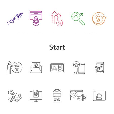 Start line icon set. Launch, gear, rocket, computer. Business concept. Can be used for topics like project, internet marketing, seo, startupのイラスト素材