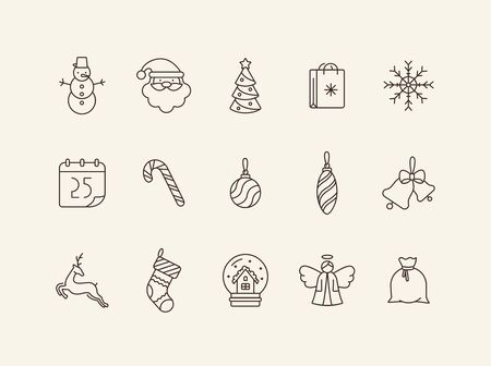 Xmas thin line icon set. Christmas cane, Santa Claus, reindeer sign pack. Winter holidays concept. Vector illustration symbol elements for web design and appsのイラスト素材