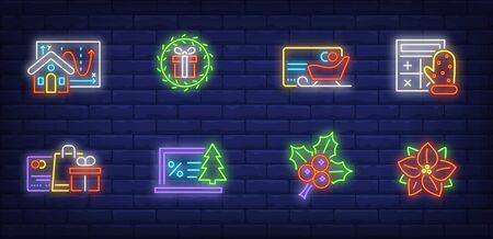 Christmas sale neon sign set. Mistletoe, discount, credit card, shopping bags, map. Vector illustration in neon style, bright banner for topics like New Year sale, special offer, online storeのイラスト素材