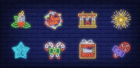 Christmas Eve neon sign set. Candy canes, fireplace, candle, stockings. Vector illustration in neon style, bright banner for topics like Xmas, New Year, decorationのイラスト素材