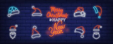 Christmas cap neon sign set. Red Santa Claus hat, beard, moustache, fur. Vector illustration in neon style, bright banner for topics like Xmas, costume, December holidaysのイラスト素材