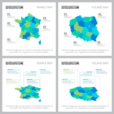 Creative infographics set for statistical report, presentation slide template, web design, business project. Statistics and geography concept. Country, map, area chartsのイラスト素材