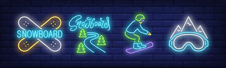 Snowboarding neon signs set. Board, slope, resort, mountain. Vector illustration in neon style, bright banner for topics like winter activity, sport, lifestyleのイラスト素材