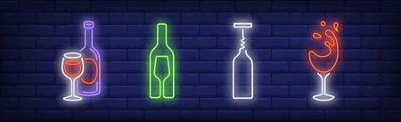 Drinking wine neon signs set. Bottle, glass, opener, corkscrew. Vector illustration in neon style, bright banner for topics like winery, celebration, alcoholic beverageのイラスト素材