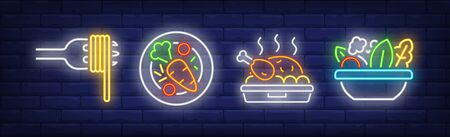 Restaurant food neon sign set. Pasta, vegetable, turkey, salad. Vector illustration in neon style, bright banner for topics like cuisine, dinner, meals, menuのイラスト素材