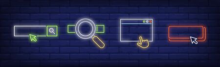 Browser interface neon sign set. Search box, cursor, window. Vector illustration in neon style, bright banner for topics like webpage, user interface, internetのイラスト素材