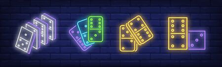 Stacks of domino tiles neon sign set. Play, game, activity. Vector illustration in neon style, bright banner for topics like strategy, entertainment, leisure, recreationのイラスト素材