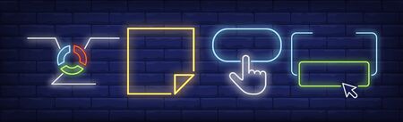 Templates for buttons neon sign set. Square, oval, rectangular frames with cursor. Vector illustration in neon style, bright banner for topics like webpage, interface, internet storeのイラスト素材