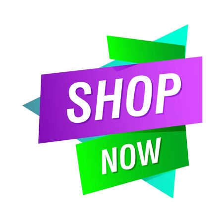 Shop now green and purple bright banner design. Triangle shape vector illustration. Abstract graphic element with text. Template for promotion poster, advertising label or flyerのイラスト素材