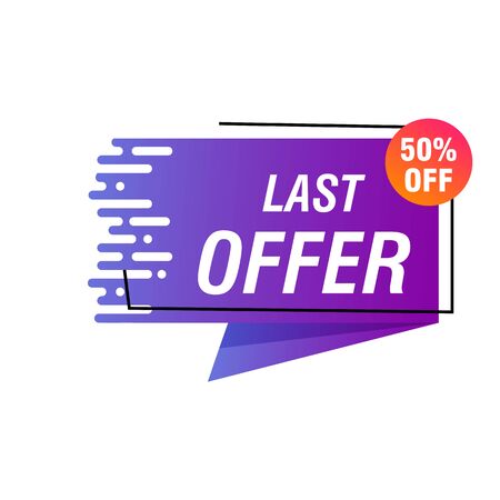 Last offer purple banner design with 50 percent discount. Origami speech bubble vector illustration. Abstract graphic element with text. Template for advertising poster, label, flyerのイラスト素材