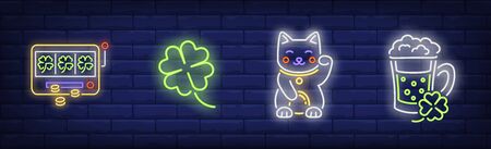 Luck talismans neon sign set. Clover leaf, slot machine, Irish beer, cat. Vector illustration in neon style, bright banner for topics like fortune, Saint Patrick Day, casinoのイラスト素材
