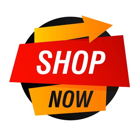 Shop now black and red banner design. Circle and arrow shapes vector illustration. Abstract graphic element with text. Template for promotion poster, advertising label or flyerのイラスト素材