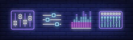 Sound equipment neon sign set. Mixing console, audio technology, DJ mixer. Vector illustration in neon style, bright banner for topics like music, disco, nightlifeのイラスト素材