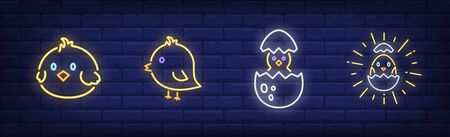 Easter chicken neon sign set. Baby bird, egg shell, symbol. Vector illustration in neon style, bright banner for topics like tradition, spring, celebrationのイラスト素材