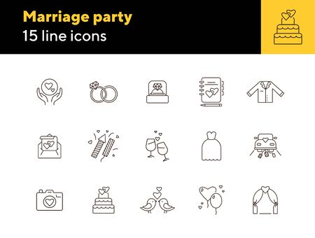 Marriage party icons. Set of line icons. Bride bouquet, calendar, church. Wedding concept. Vector illustration can be used for topics like marriage, family, loveのイラスト素材