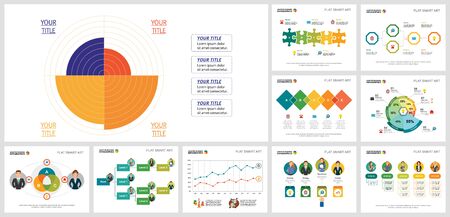 Vivid infographics template set for business report layout, annual presentation, site graphic. Business and analysis concept with radial diagram, percentage, process, and cycle charts.のイラスト素材