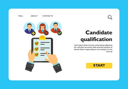 Man holding document and analyzing candidate qualification for vacancy. HR manager, recruitment, human resources. Head hunting concept. Can be used for topics like business, employment, HR managementのイラスト素材