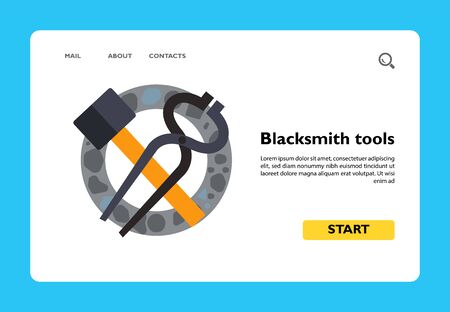 Vector icon of tongs and hammer on stone circle. Blacksmith tools, metalwork, farrier. Iron works concept. Can be used for topics like forging, handicraft, industrial artsのイラスト素材