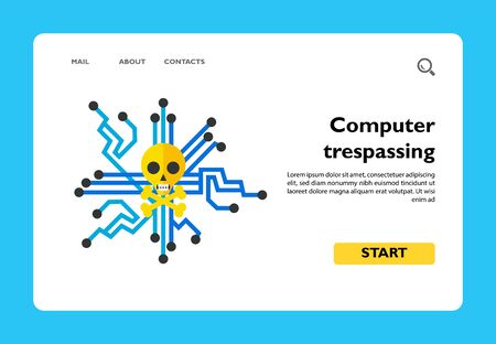 Vector icon of skull and bones on microchip. Computer trespassing, piracy, system breach. Hackers concept. Can be used for topics like computer hacking, cybercrime, computer virusのイラスト素材