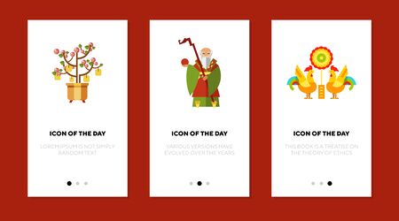New Year Chinese symbols flat icon set. Peach tree, god, roosters. China, tradition, culture concept. Vector illustration symbol elements for web designのイラスト素材