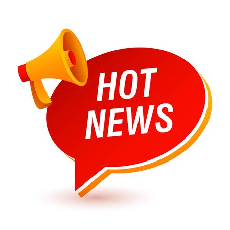 Hot news text in red chat bubble. Red sign and yellow loudspeaker. Can be used for leaflets, brochures, announcementsのイラスト素材