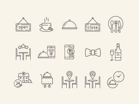 Table reservation line icon set. Dish on cart, catering, location pointer isolated outline sign pack. Restaurant business concept. Vector illustration symbol elements for web design.のイラスト素材