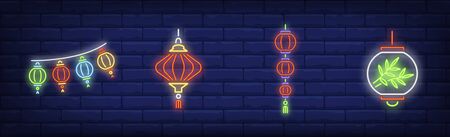 Eastern New Year lanterns neon sign set. Chinese hanging lamps, garlands, green leaves. Vector illustration in neon style, bright banner for topics like holiday, celebration, cultureのイラスト素材