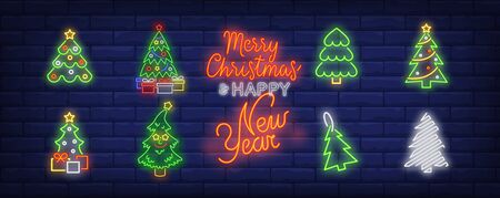 New Year tree neon sign set. Decoration, fir tree, tag, silhouette, gifts. Vector illustration in neon style, bright banner for topics like Xmas, Christmas, decorationのイラスト素材