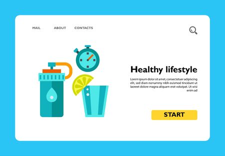 Icon of healthy lifestyle concept. Stop watch, shaker bottle, lemonade. Sport vitamins concept. Can be used for topics like refreshment, training, fitnessのイラスト素材