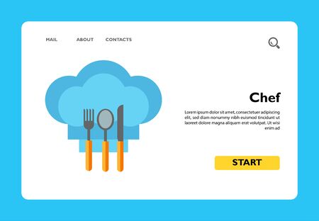 Illustration of knife, fork and spoon on chef hat. Cutlery, utensils, restaurant, cafe, cooking. Cafe concept. Can be used for topics like gastronomy, cooking, restaurant, signboardsのイラスト素材