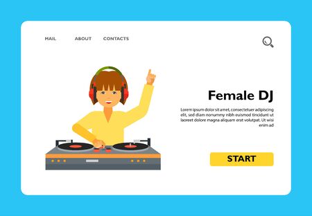 Female DJ wearing headphones and using DJ mixer. Sound, dancing, nightclub. DJ concept. Can be used for topics like music, entertainment, technology.のイラスト素材