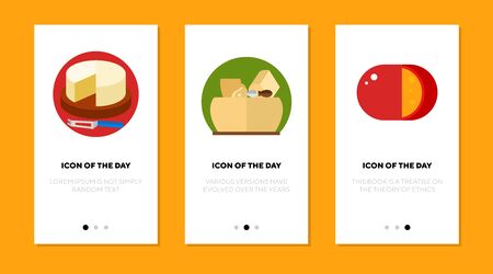 Cheese blocks flat icon set. Camembert, parmesan, gouda slice isolated sign pack. Food, ingredient, meal, cuisine concept. Vector illustration symbol elements for web designのイラスト素材