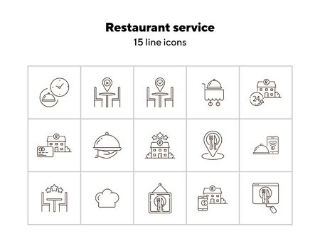 Restaurant service line icon set. Dish on hand, credit card payment, table, three stars isolated outline sign pack. Restaurant business concept. Vector illustration symbol elements for web design.のイラスト素材