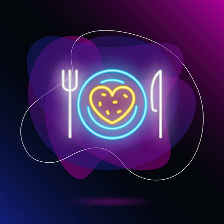 Plate with heart bread neon sign. Glowing neon heart bread on plate with fork and knife on brick wall background. Vector illustration can be used for romantic, love, dinner, datingのイラスト素材