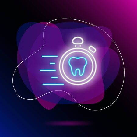 Emergency dental care neon sign. Luminous signboard with tooth and stopwatch. Night bright advertisement. Vector illustration in neon style for commercial, dentistry, clinicのイラスト素材