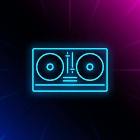 DJ mixer neon sign. Luminous signboard with turntable. Night bright advertisement. Vector illustration in neon style for party, entertainment, musicのイラスト素材