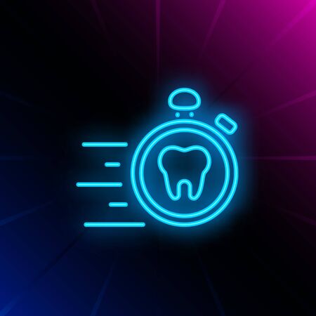 Emergency dental care neon sign. Luminous signboard with tooth and stopwatch. Night bright advertisement. Vector illustration in neon style for commercial, dentistry, clinicのイラスト素材