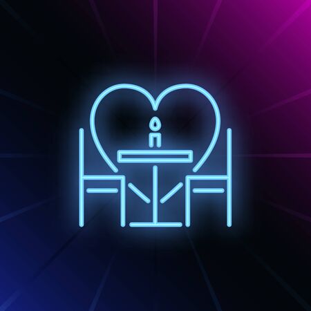 Romantic dinner neon sign. Glowing neon table, chairs and candle on brick wall background with red heart. Vector illustration can be used for romantic, love, dinner, datingのイラスト素材
