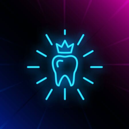 Teeth care neon sign. Luminous signboard with tooth and crown. Night bright advertisement. Vector illustration in neon style for dentistry, healthcare service, teeth whiteningのイラスト素材