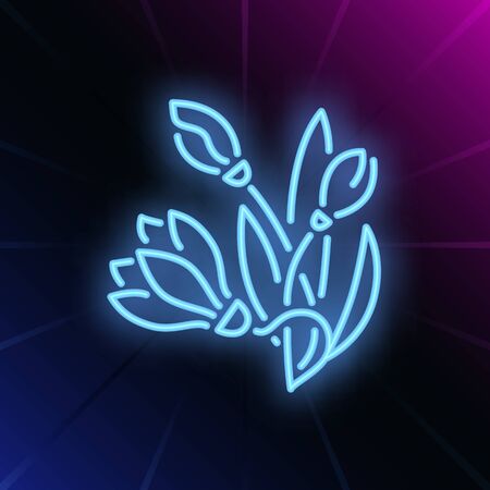 Bunch of snowdrops neon sign. Flowers with green leaves on brick wall background. Vector illustration in neon style for topics like spring, march, forestのイラスト素材