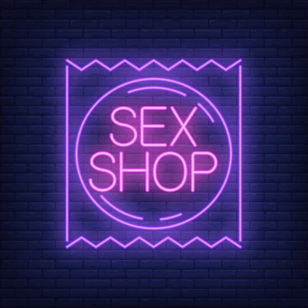 Sex shop neon sign. Condom package on brick wall. Night bright advertisement. Illustration in neon style for contraception and safe sexの写真素材