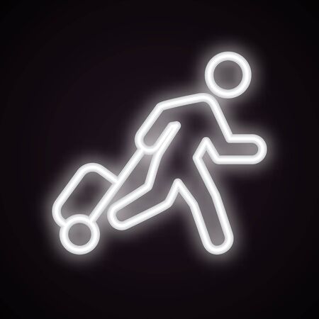 White neon icon of running man with luggage. Airport, exit, checkroom. Urban services concept. Can be used for signboards, posters, web designの写真素材