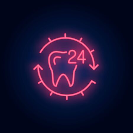 Tooth and twenty four hour service neon sign. Around-the-clock dental clinic advertisement design. Night bright neon sign, colorful billboard, light banner. Vector illustration in neon style.のイラスト素材