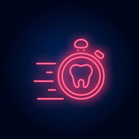 Emergency dental care neon sign. Luminous signboard with tooth and stopwatch. Night bright advertisement. Vector illustration in neon style for commercial, dentistry, clinicのイラスト素材