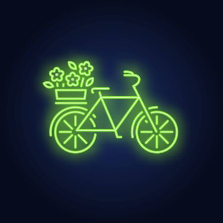 Spring bike neon sign. Bicycle with basket of flowers on brick wall background. Vector illustration in neon style for topics like romance, summer, transportのイラスト素材