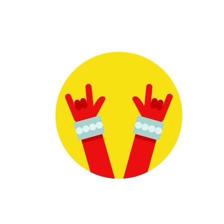 Multicolored icon of two red hand with bracelets showing rock sign gesture in yellow circleの写真素材