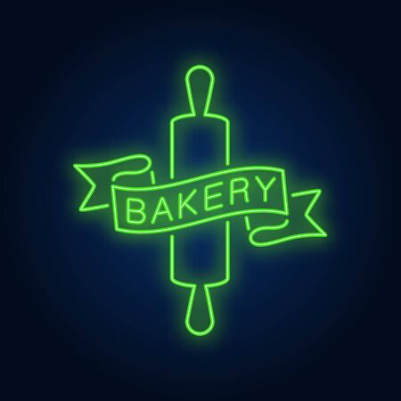 Bakery neon sign. Red ribbon and yellow rolling pin on brick wall. Night bright advertisement. Vector illustration in neon style for cafe and bakeshopのイラスト素材