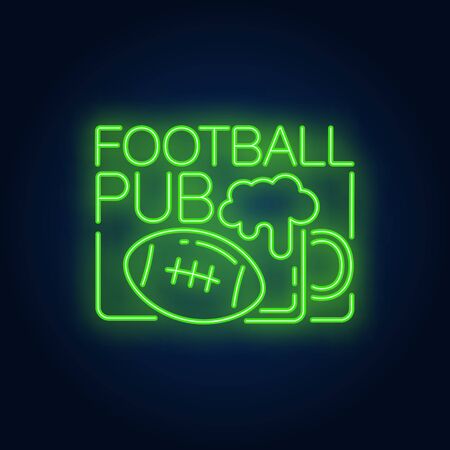 Football pub neon sign. Rugby ball and glass of beer shape on brick wall background. Night bright advertisement. Vector illustration in neon style for sport barのイラスト素材